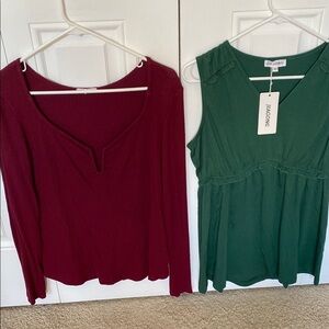 Red Long Sleeve Top and Green Sleeveless Blouse